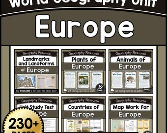 May include: Educational resource titled "World Geography Unit Europe" with multiple learning modules. Includes topics like landmarks, plants, animals, countries, and map work. Designed for 2nd-6th graders, with over 230 pages of content.