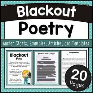 Op de afbeelding: Een digitaal educatief hulpmiddel getiteld Blackout Poetry Anchor Charts, Examples, Articles, and Templates. Het document bevat instructieteksten, een voorbeeld van een blackout-gedicht, een sjabloon en een afbeelding van een persoon met een stift.