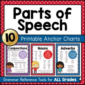 以下が含まれることがあります： 「Parts of Speech」と題された、接続詞、名詞、副詞のアンカーチャートを備えたカラフルな教育ポスター。ポスターには子供たちのイラストと単語のリストが含まれています。「Printable Anchor Charts」と「Grammar Reference Tools for ALL Grades」の文字も表示されています。