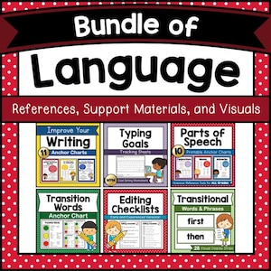 May include: A bundle of language resources, support materials, and visuals. The image shows colourful educational charts and worksheets, covering topics such as writing, typing goals, parts of speech, and transitional words. The background is red with white polka dots.