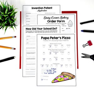 May include: A collection of printed educational worksheets including an Invention Patent Application, a Daisy Corner Bakery Order Form, a How Did Your School Do survey, and a Papa Peter's Pizza order form with a colored-in slice of pizza illustration.