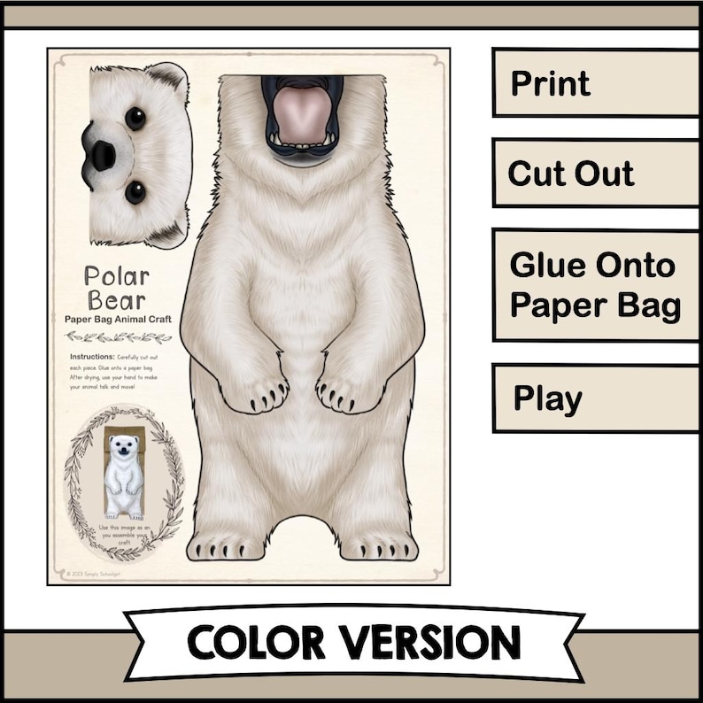Printable Polar Bear Paper Bag Puppet Craft Kit | DIY ARCTIC Animal Template PDF | Kids Winter Craft & Educational Art Activity image 2