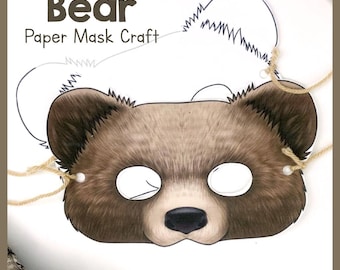 Bär Papiermaskenset | Druckbare Tier Craft Vorlage | Schulaktivitäten oder Familienbasteln | Tier-Thema Parties spielen | Lustiges Papier Projekt