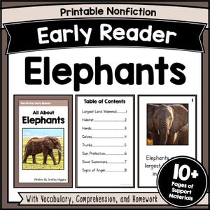 ELEPHANTS Short Story Reading Comprehension Worksheets Decodable Fluency Passages for K-2 Grade Reading Sentences & Questions Activities PDF