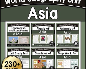 May include: A World Geography Unit resource for Asia, featuring six educational topics. Includes sections on landmarks, plants, animals, unit tests, countries, and map work. The resource contains over 230 pages and is designed for 2nd-6th graders.