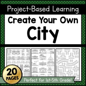 Puede incluir: Un recurso de aprendizaje basado en proyectos titulado "Crea tu propia ciudad". La imagen presenta dibujos lineales en blanco y negro de edificios y carreteras. Una insignia dorada muestra "20 PÁGINAS". También se incluye el texto "Perfect for 1st-5th Grade!"