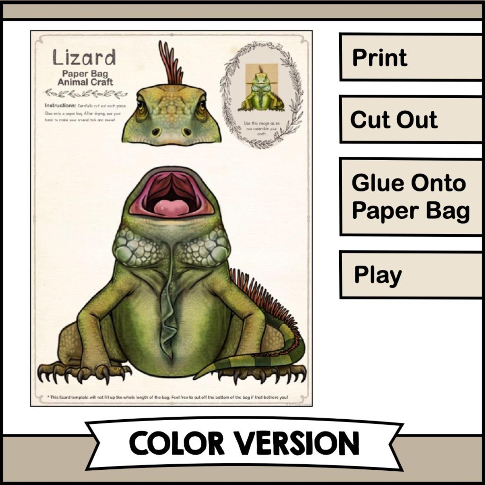 Lizards Printable Text Printable LIZARD Puppet Craft Template | DIY Paper Bag Animal PDF | Fun ...
