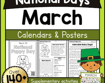 Monthly March Calendar Poster, Printable National Holidays Dates, Daily Learning Classroom Worksheets, Articles, Writing Activities PDF
