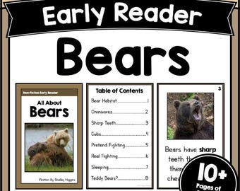 Bears Nonfiction Early Reader Printable, Animal Science Reading Book with Photos, Kindergarten Comprehension PDF, Homeschool Lesson Unit