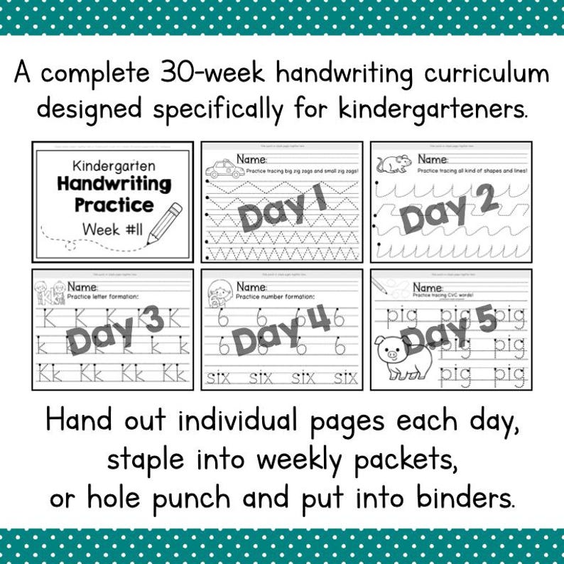 KINDERGARTEN HANDWRITING CURRICULUM Printable - 30 Weeks Writing Worksheets Pdf - Homeschool Tracing Practice For Early Learners image 2
