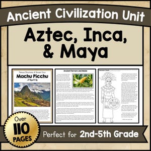 Può includere: Risorsa educativa intitolata "Unità di civiltà antiche" con temi aztechi, inca e maya. Include testo e immagini su Machu Picchu, antichi agricoltori e ritagli di personaggi. La risorsa è etichettata "Oltre 110 pagine" e "Perfetto per la 2a-5a elementare".