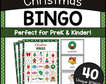40 Printable Christmas Bingo Cards, Kids Classroom Bingo Party Game Activity, Xmas Winter Holiday Cards, Fun Busy Game, Pre-Kindergarten PDF