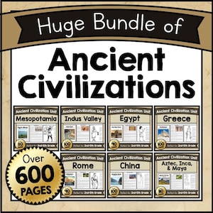 May include: An educational resource pack titled "Huge Bundle of Ancient Civilizations." The image shows units on Mesopotamia, Indus Valley, Egypt, Greece, Rome, China, and Aztec, Inca & Maya. The bundle contains over 600 pages of educational content.