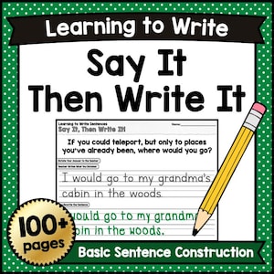 以下が含まれることがあります： 「Learning to Write Say It Then Write It」というタイトルの学習ワークシートと黄色の鉛筆。ワークシートには、文章構成の練習が含まれており、「もしテレポートできるとしたら、すでに行ったことのある場所にしか行けないとしたら、どこに行きますか？」という質問があります。