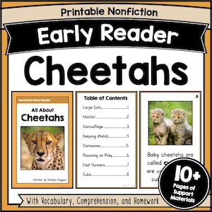 Libro imprimible de no ficción sobre guepardos para niños pequeños / PDF educativo sobre ciencia de animales salvajes / Actividad de lectura para el aula y el hogar