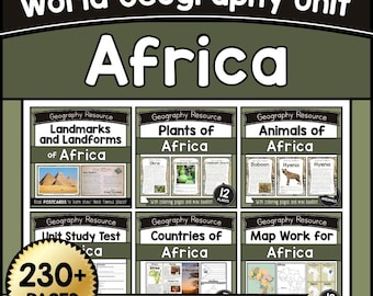 May include: A World Geography Unit educational resource about Africa. The image features a black and green design with the title "Africa" in large white letters. It includes sections on landmarks, plants, animals, and map work, with over 230 pages, suitable for 2nd-6th graders.