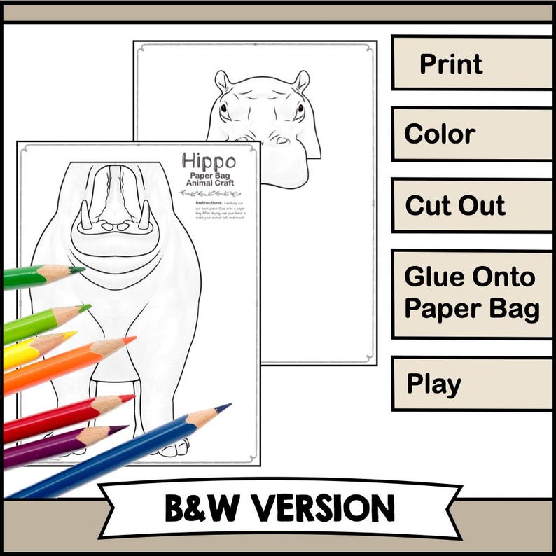 Realistic Hippo Paper Bag Puppet, Diy Paper Craft Printable for Kids ...