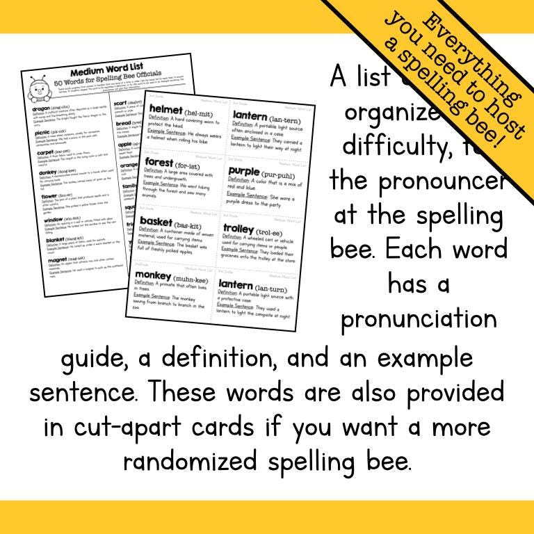 Host a Class Spelling Bee Game Bundle Printable, Vocabulary Spelling