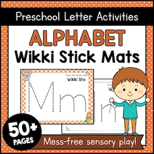 Könnte beinhalten: Lehrreiches Vorschul-Aktivitätsset mit dem Text "Preschool Letter Activities" und "ALPHABET Wikki Stick Mats". Enthält Buchstaben-Tracing-Matten, ein Cartoon-Kind und die Worte "Mess-free sensory play!"