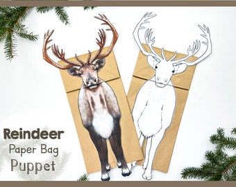 Reindeer Paper Bag Puppet Craft Kit | Articulated Caribou Craft Template For Educational Fun | Easy To Make Printable Art Project For Kids