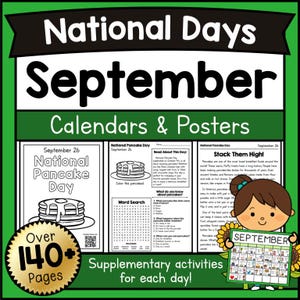 Calendarios de días nacionales de septiembre, carteles, hojas de trabajo, artículos, actividades educativas imprimibles para niños, PDF, decoración del aula con temática de septiembre