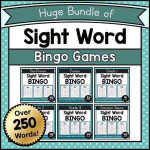 May include: A bundle of sight word bingo games with the text "Huge Bundle of Sight Word Bingo Games". The games include Pre-Primer, Primer, Grade 1, Grade 2, Grade 3, and Common Nouns. The bundle includes over 250 words.