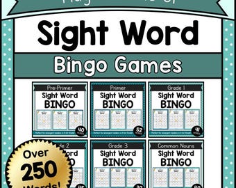 May include: A bundle of sight word bingo games with the text "Huge Bundle of Sight Word Bingo Games". The games include Pre-Primer, Primer, Grade 1, Grade 2, Grade 3, and Common Nouns. The bundle includes over 250 words.