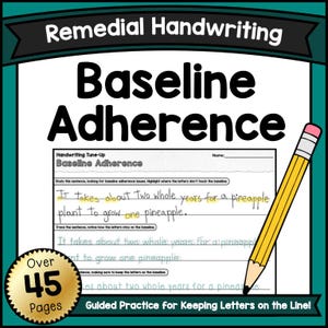 Puede incluir: Una hoja de ejercicios de caligrafía titulada Baseline Adherence con un lápiz amarillo y goma rosa. La página incluye frases de práctica sobre el crecimiento de la piña, con instrucciones para resaltar y trazar las letras sobre la línea base.