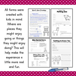 May include: A collection of four printable activity forms for children, including a home furnishings order form, a petting zoo pass, a bike rental form, and a getting to know you sheet, accompanied by a blue pen on a white background with pink polka dots.
