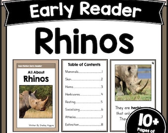 Rhinoceros Early Reader Printable Book, Nonfiction Animal Study Unit, Kinder 1st Grade Reading Comprehension Worksheets, Homeschool Science