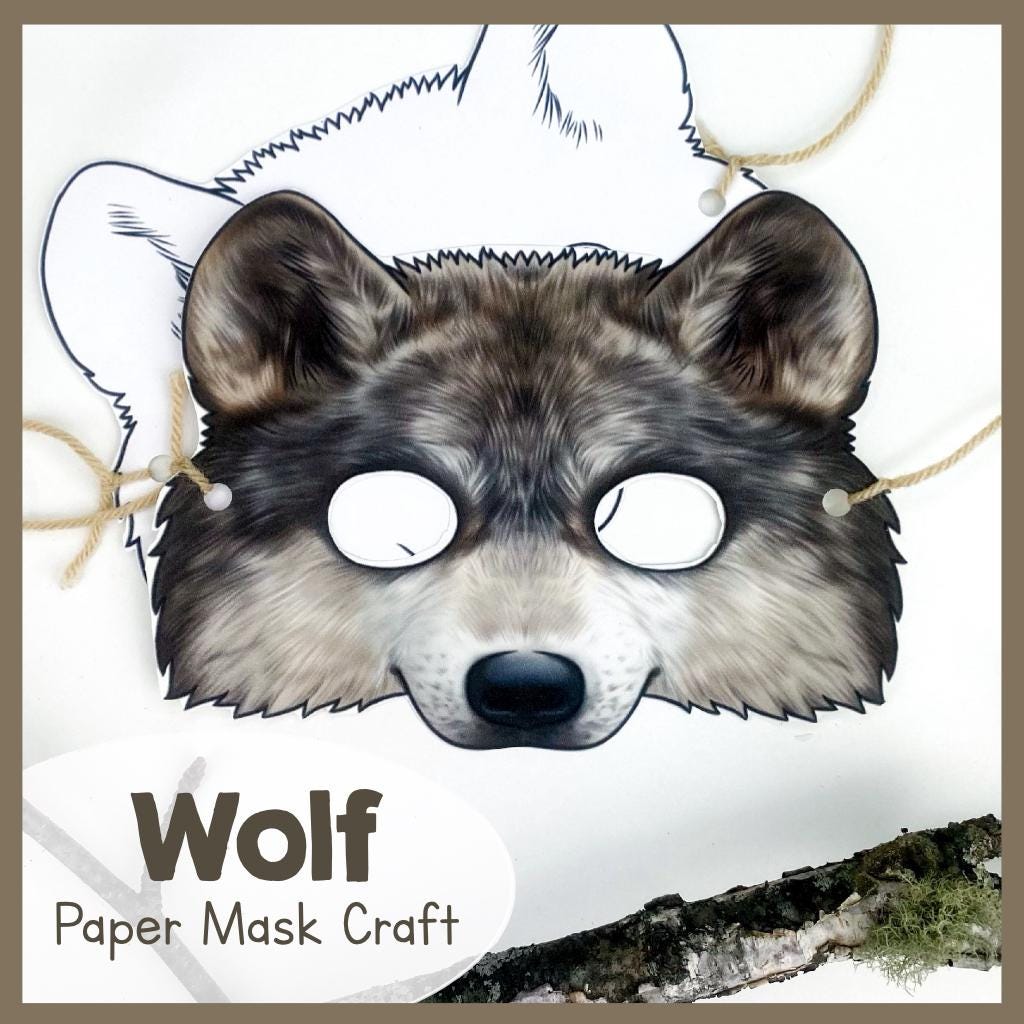 Wolf Papiermaskenvorlage | Druckbare Kinder Handwerk Aktivität | Gliedertiermaske für Kostümpartys | Lustiges Kunstprojekt für Kinder