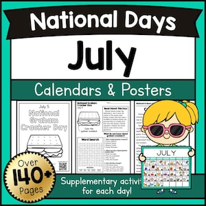 Hojas de trabajo del calendario de días nacionales de julio, artículos imprimibles, días festivos del mes de julio, pósteres para el aula, recurso educativo, actividad de estudio para niños en PDF