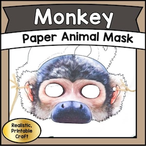 Manualidad de máscara de mono de papel para imprimir / Plantilla de máscara de animal de la selva para niños / Actividad de recortar y colorear / Juego de disfraces y dramatización en el aula (PDF)