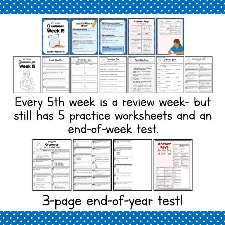 6th Grade Grammar Worksheets, Student Workbook & Teacher Guide, Year