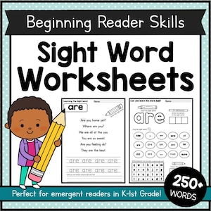 May include: Sight Word Worksheets for beginning readers. The image features a cartoon child holding a large pencil, with worksheets displaying the word "are" and related exercises. The text includes "Perfect for emergent readers in K-1st Grade!"