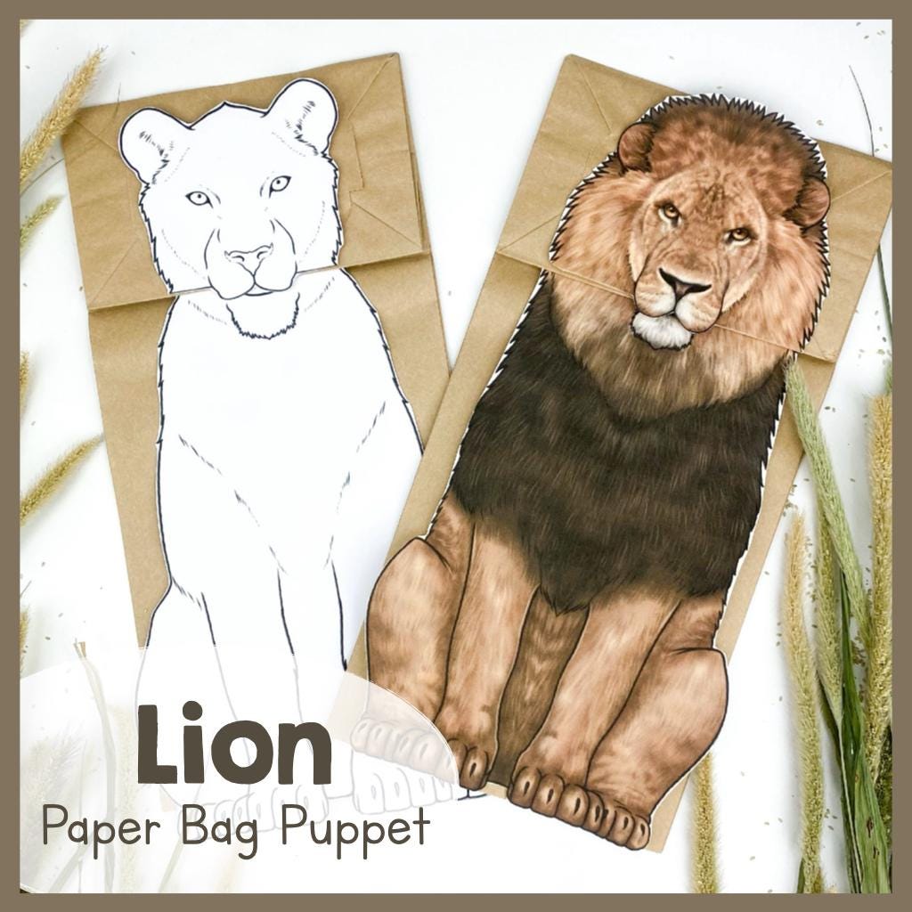 Lion Paper Bag Puppet Craft Template | Safari Animal Puppet For Educational Play | Creative Playtime Activity, Instant Download Kid Activity