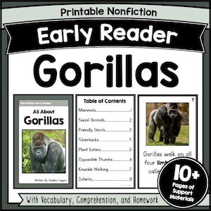 ゴリラの短い動物の文章物語 読解ワークシート 解読可能な文章 流暢さの練習 PDF 幼稚園～2年生向け