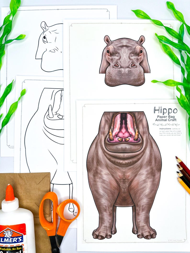Realistic Hippo Paper Bag Puppet, Diy Paper Craft Printable for Kids ...