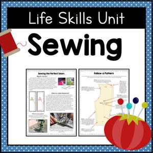 May include: A sewing-themed educational poster with the text "Life Skills Unit Sewing." The image includes instructions on sewing techniques, a red tomato pin cushion, and a spool of red thread. The poster has a blue polka dot border.
