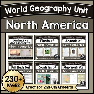 Może przedstawiać: Jednostka geografii świata dla Ameryki Północnej, zawierająca zasoby edukacyjne dla uczniów klas 2-6. Zawiera zabytki, rośliny, zwierzęta, testy, kraje i pracę z mapą. Obraz przedstawia materiały edukacyjne o objętości ponad 230 stron.