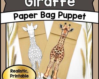 Plantilla imprimible de títere de jirafa con bolsa de papel / Animal de safari DIY (PDF) / Actividad divertida para niños en el aula y juego creativo