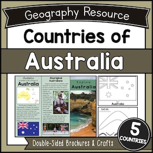 May include: Educational resource titled "Countries of Australia." The brochure features the Australian flag, a map, and images of Aboriginal Australians and landscapes. Includes double-sided brochures and crafts.