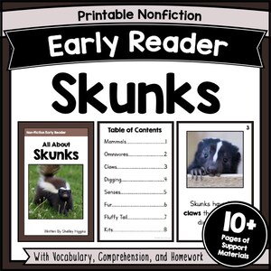 Hojas de trabajo de comprensión de libros para niños de K a 2.º grado: Mofetas, pasajes decodificables, fluidez, datos breves sobre animales, historia con preguntas, fotos, PDF