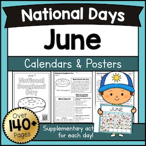 June National Days Calendar Posters Worksheets Articles Print June Classroom Decor, Educational Learning Resources Kids Activities PDF