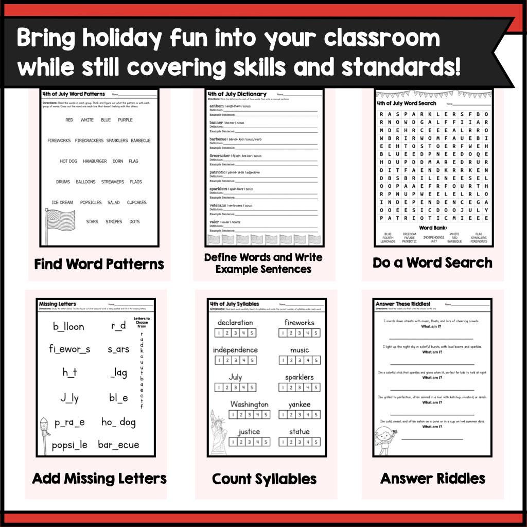 4th of July Worksheets Packet, Patriotic Literacy Activities, No Prep ...