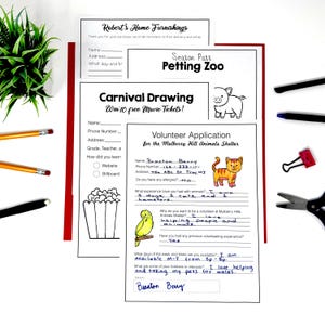 May include: A collection of printed paper forms including a Robert's Home Furnishings sheet, a Petting Zoo Season Pass, a Carnival Drawing entry form, and a filled-out Volunteer Application for the Mulberry Hill Animals Shelter with a cat and bird.