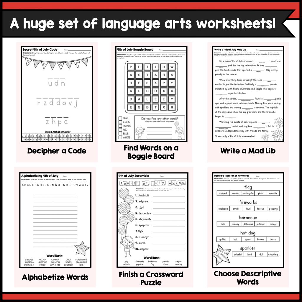 4th of July Worksheets Packet, Patriotic Literacy Activities, No Prep ...