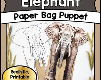 Plantilla imprimible para hacer marionetas de elefante / Bolsa de papel con animales (PDF) / Actividad educativa y divertida para niños