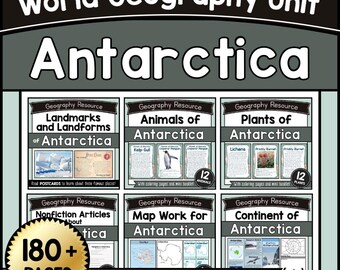 May include: A collection of educational resources for a World Geography Unit on Antarctica. The image features various learning materials, including articles, maps, and information on landmarks, animals, and plants. The resources are designed for 2nd-6th graders and include over 180 pages.