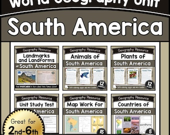 May include: A colorful educational poster titled "World Geography Unit South America." It features six panels with topics like landmarks, animals, and plants of South America. The poster is designed for 2nd-6th graders.